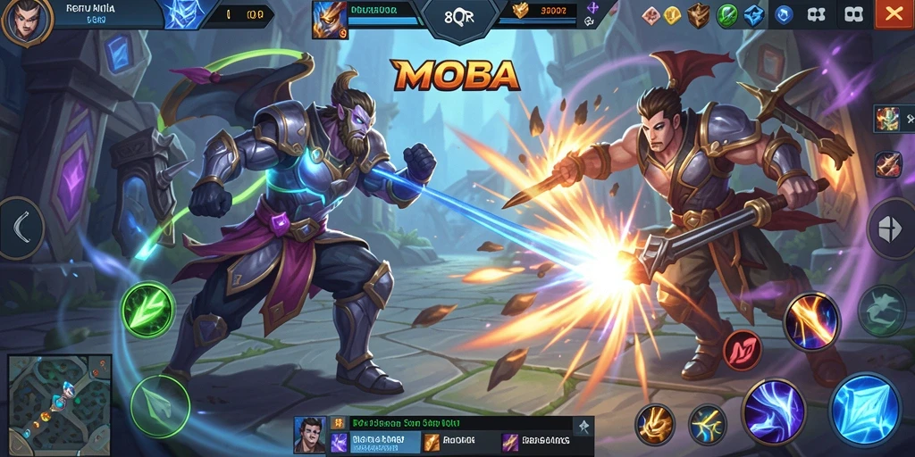 Tampilan screenshot utama 8QR yang menunjukkan aksi pertarungan MOBA yang mendebarkan.