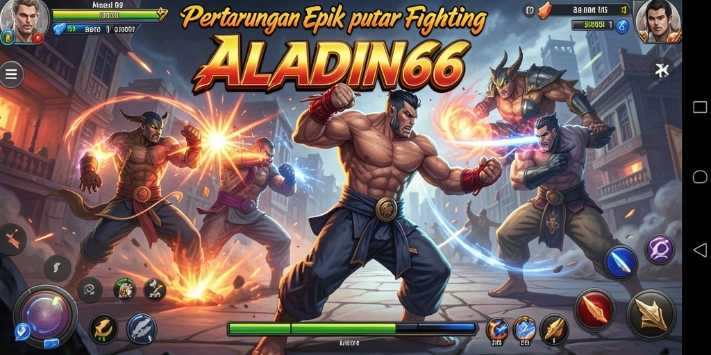Screenshot utama ALADIN66 menampilkan karakter bertarung di arena yang megah.