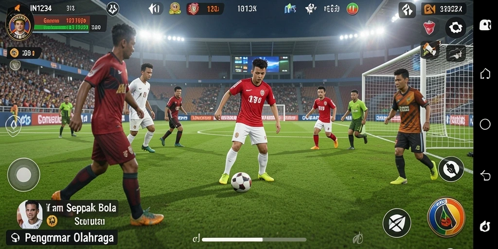 Tampilan gameplay IN1234 dengan aksi sepak bola yang dinamis.