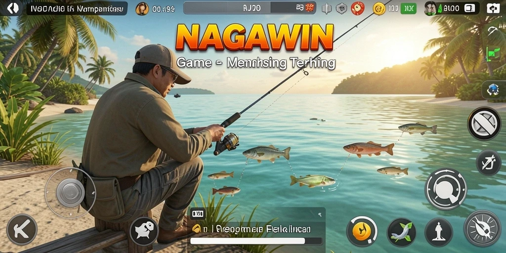 Gameplay NAGAWIN yang menampilkan aksi memancing yang seru.