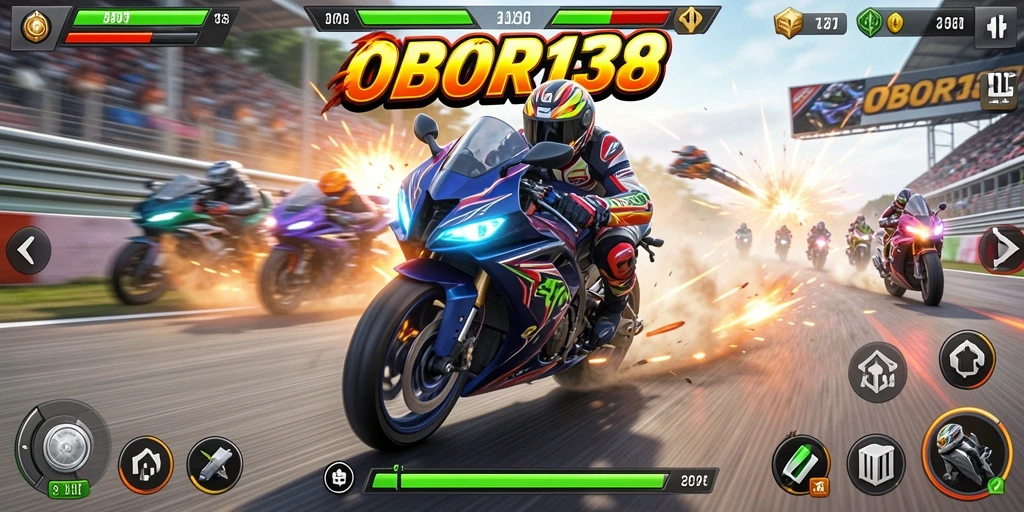 Screenshot utama OBOR138 menampilkan aksi balap motor yang mendebarkan.