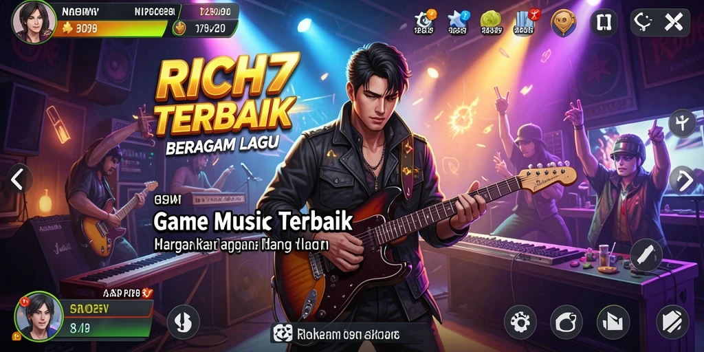 Tampilan screenshot RICH7 menunjukkan gameplay seru dengan lagu-lagu favorit.